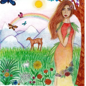 A woman stands next to a flowering tree with a field, mountains, animals, and a rainbow in the background.